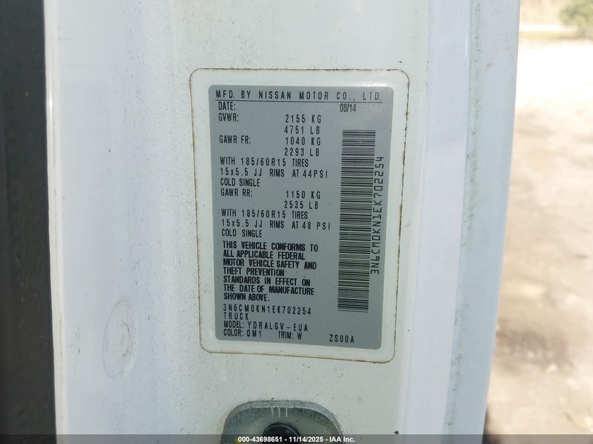 2014 Nissan Nv200 Sv VIN: 3N6CM0KN1EK702254 Lot: 43698651