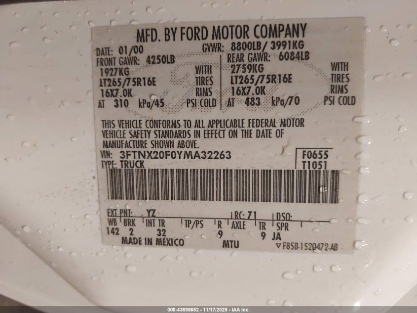 2000 Ford F-250 Lariat/Xl/Xlt VIN: 3FTNX20F0YMA32263 Lot: 43698652