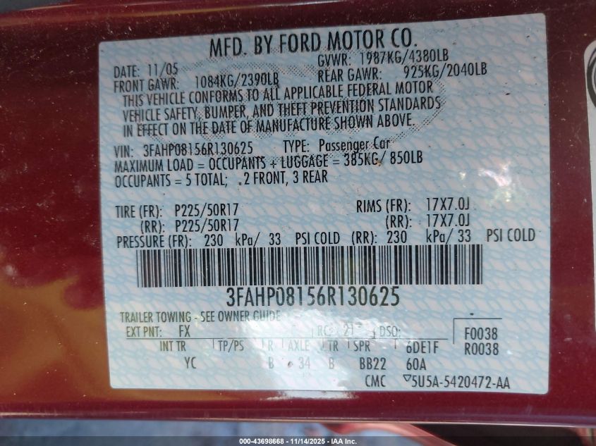 2006 Ford Fusion Sel VIN: 3FAHP08156R130625 Lot: 43698668