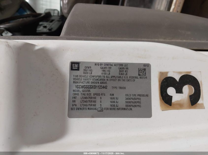 2013 Chevrolet Express 2500 Work Van VIN: 1GCWGGCGXD1123442 Lot: 43698672