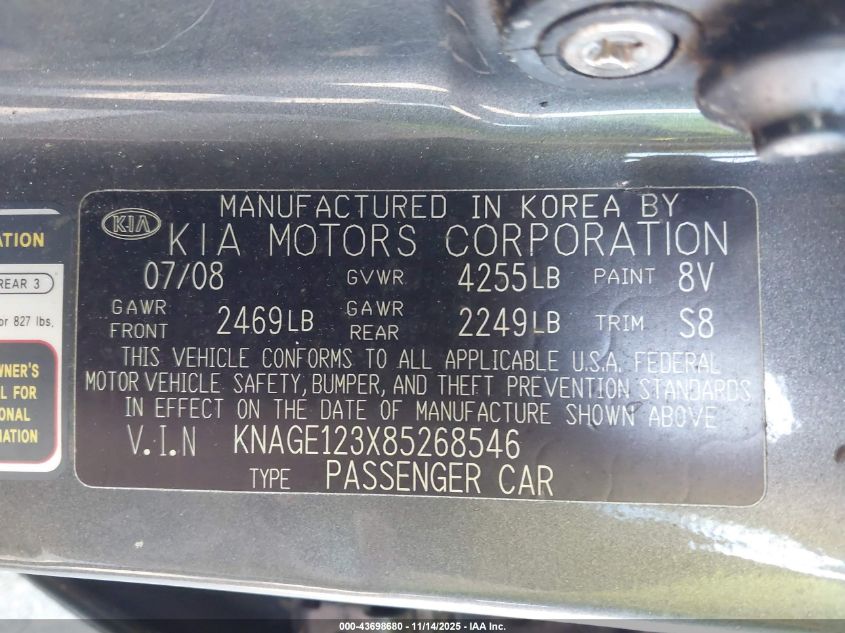 2008 Kia Optima Lx VIN: KNAGE123X85268546 Lot: 43698680