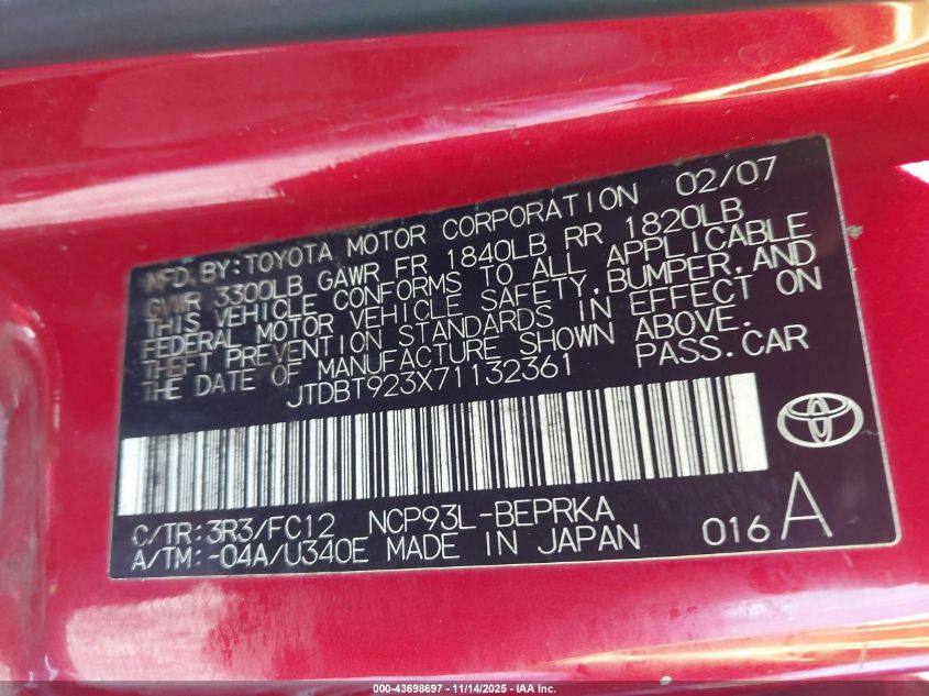 2007 Toyota Yaris S VIN: JTDBT923X71132361 Lot: 43698697