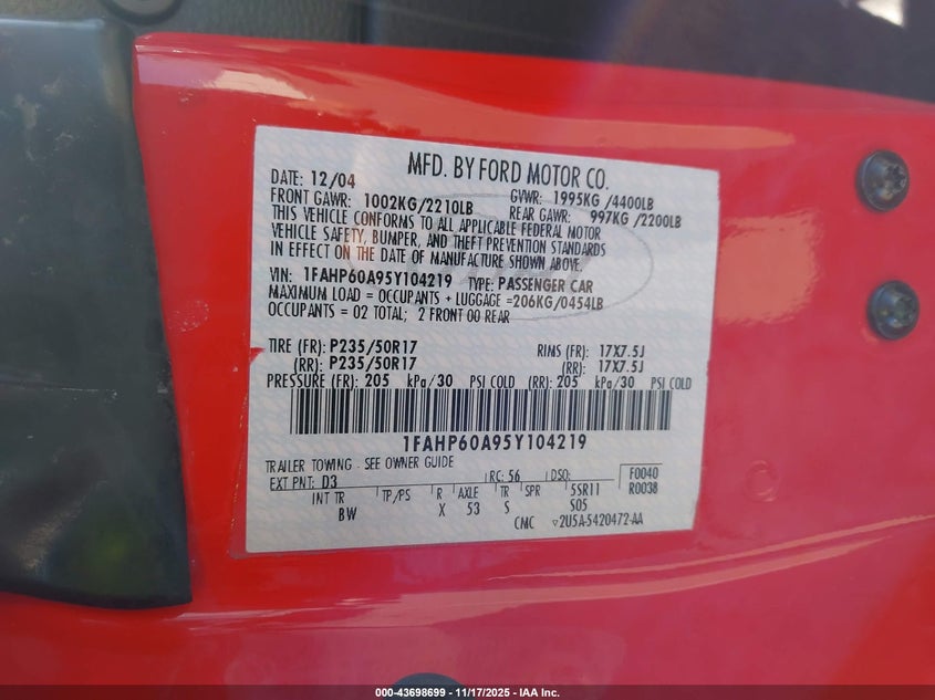 2005 Ford Thunderbird 50Th Anniversary VIN: 1FAHP60A95Y104219 Lot: 43698699