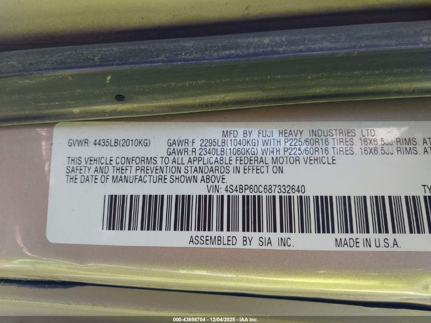 2008 Subaru Outback VIN: 4S4BP60C687332640 Lot: 43698704