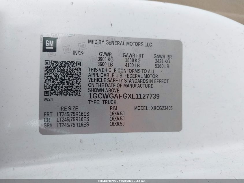 2020 Chevrolet Express Cargo Rwd 2500 Regular Wheelbase Wt VIN: 1GCWGAFGXL1127739 Lot: 43698722