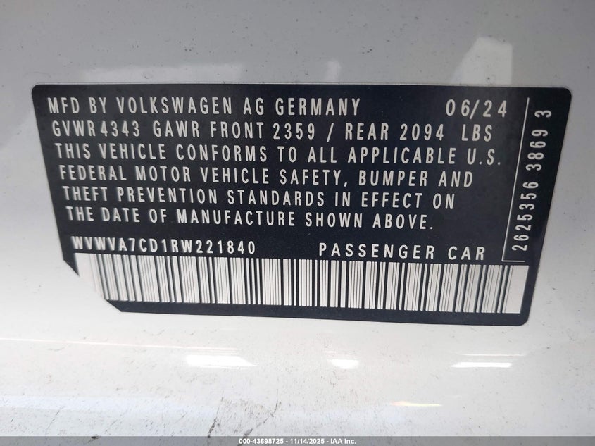 2024 Volkswagen Golf Gti 2.0T Autobahn VIN: WVWVA7CD1RW221840 Lot: 43698725