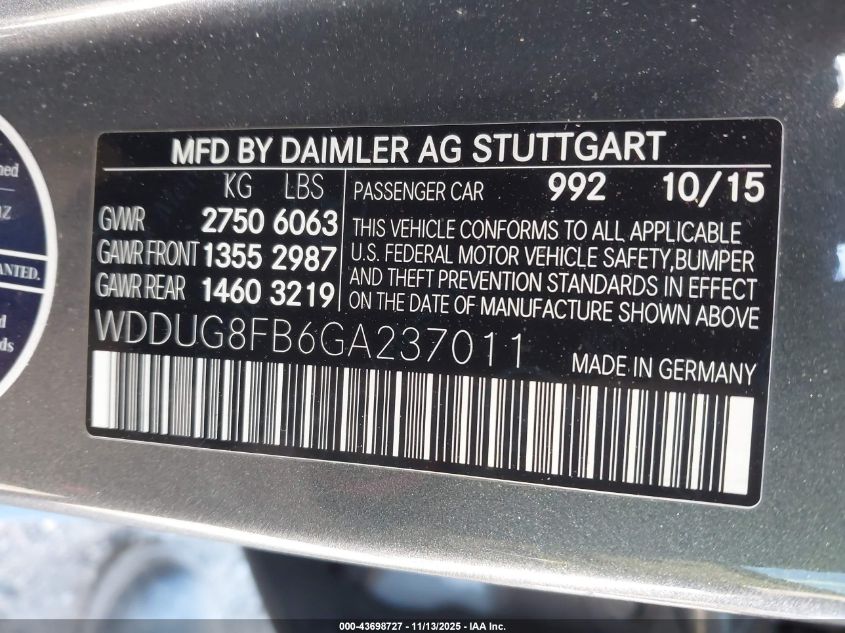 2016 Mercedes-Benz S 550 4Matic VIN: WDDUG8FB6GA237011 Lot: 43698727