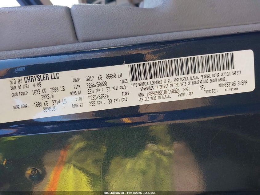 2008 Chrysler Aspen Limited VIN: 1A8HW58218F148924 Lot: 43698728