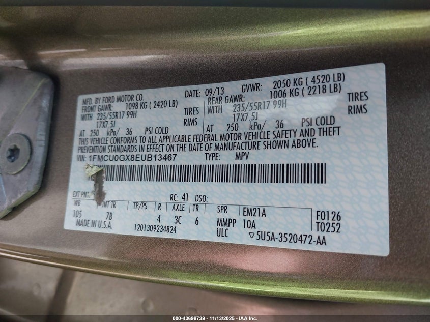 2014 Ford Escape Se VIN: 1FMCU0GX8EUB13467 Lot: 43698739