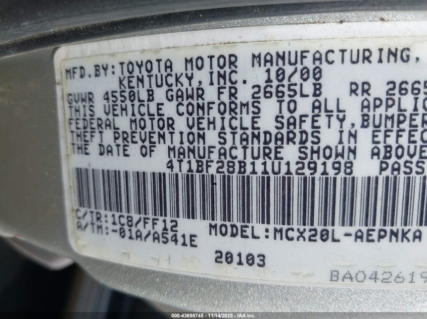 2001 Toyota Avalon Xl VIN: 4T1BF28B11U129198 Lot: 43698745