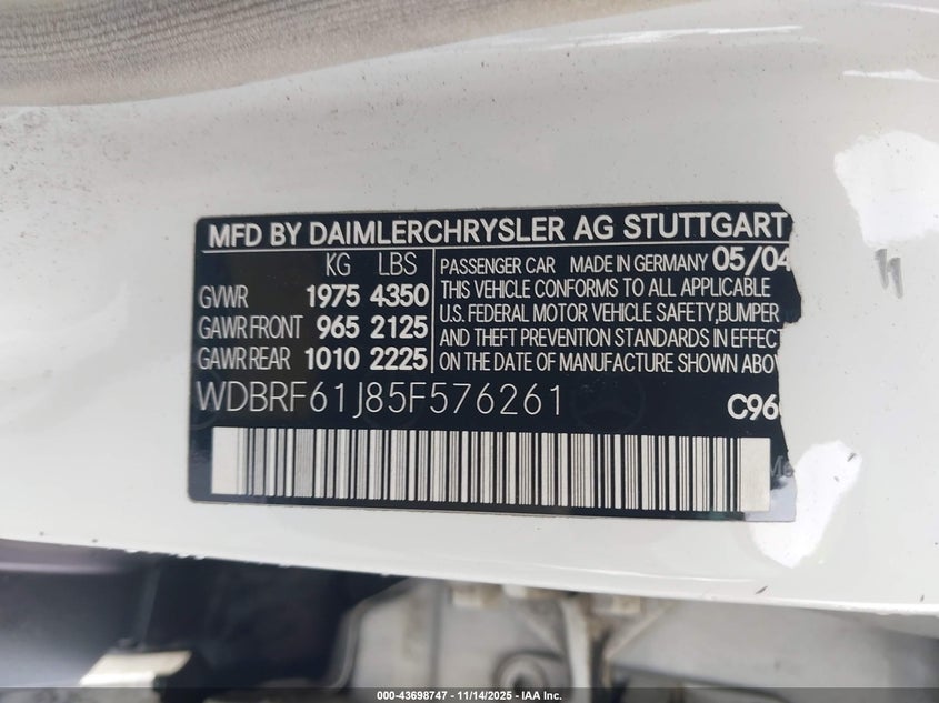 2005 Mercedes-Benz C 240 Luxury VIN: WDBRF61J85F576261 Lot: 43698747