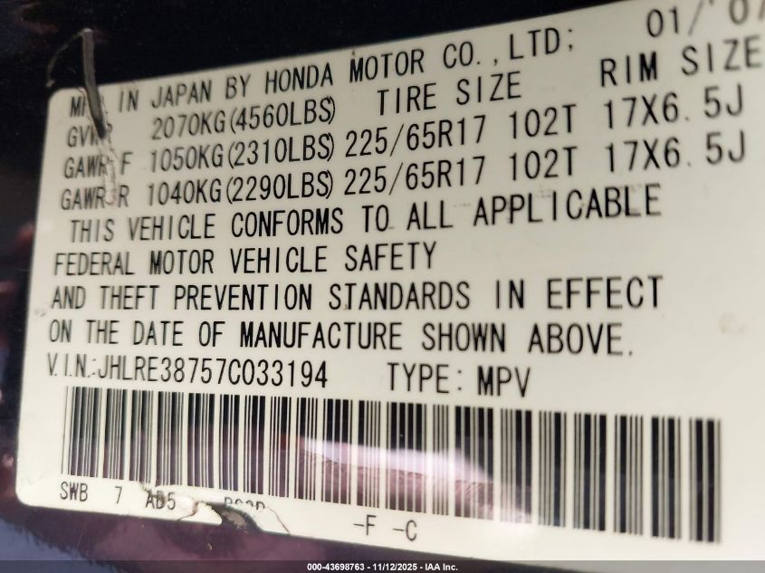 2007 Honda Cr-V Ex-L VIN: JHLRE38757C033194 Lot: 43698763