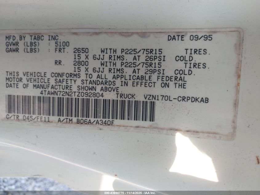 1996 Toyota Tacoma Xtracab VIN: 4TAWN72N2TZ092804 Lot: 43698775