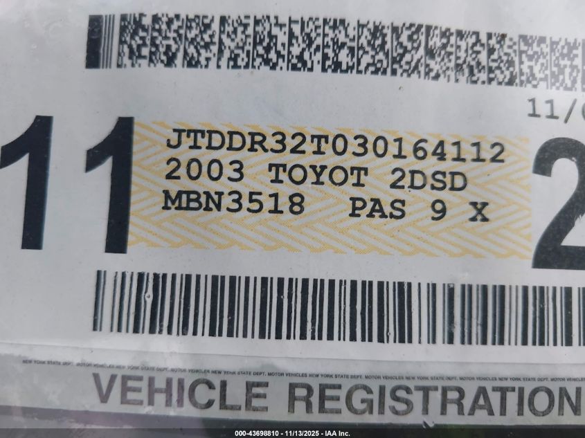 2003 Toyota Celica Gt VIN: JTDDR32T030164112 Lot: 43698810