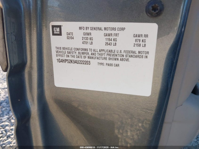 2004 Buick Lesabre Custom VIN: 1G4HP52K94U222203 Lot: 43698818