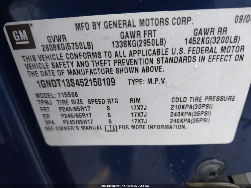 2005 Chevrolet Trailblazer Lt VIN: 1GNDT13S452150109 Lot: 43698829
