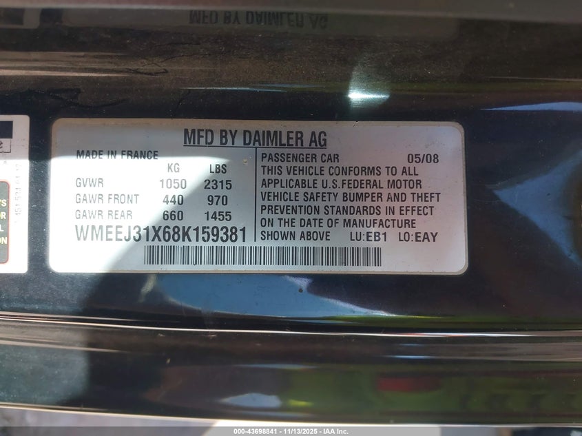 WMEEJ31X68K159381 2008 SMART FORTWO photo no. 9