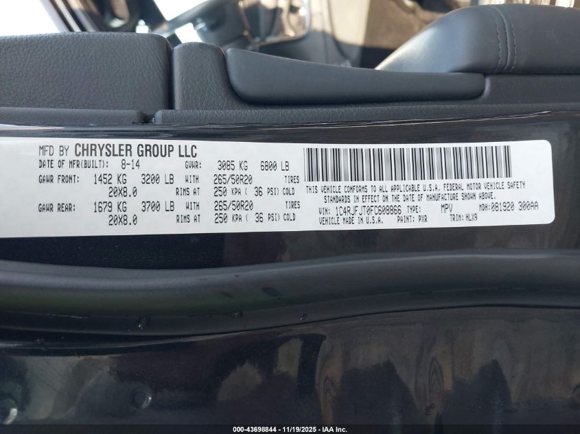 2015 Jeep Grand Cherokee Summit VIN: 1C4RJFJT0FC608866 Lot: 43698844