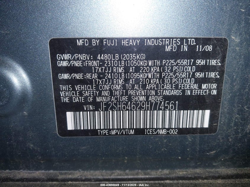 2009 Subaru Forester 2.5X Limited VIN: JF2SH64629H774561 Lot: 43698849