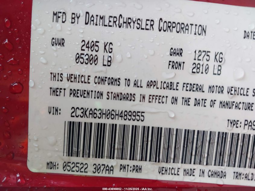 2006 Chrysler 300C VIN: 2C3KA63H06H489955 Lot: 43698852