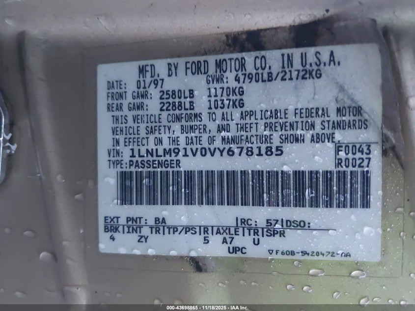 1997 Lincoln Mark Viii VIN: 1LNLM91V0VY678185 Lot: 43698865