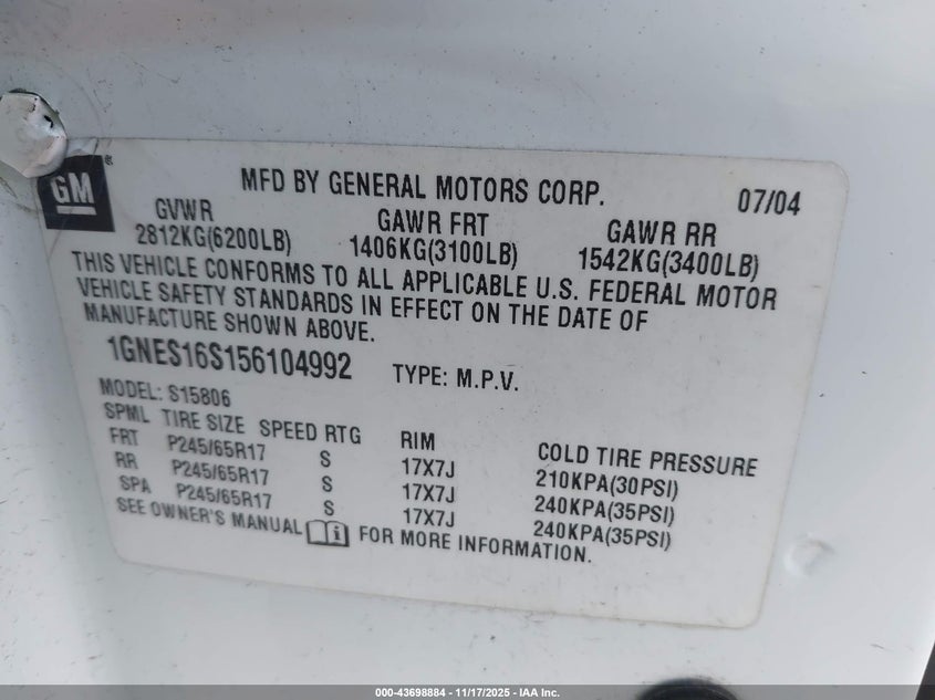 2005 Chevrolet Trailblazer Ext Lt VIN: 1GNES16S156104992 Lot: 43698884