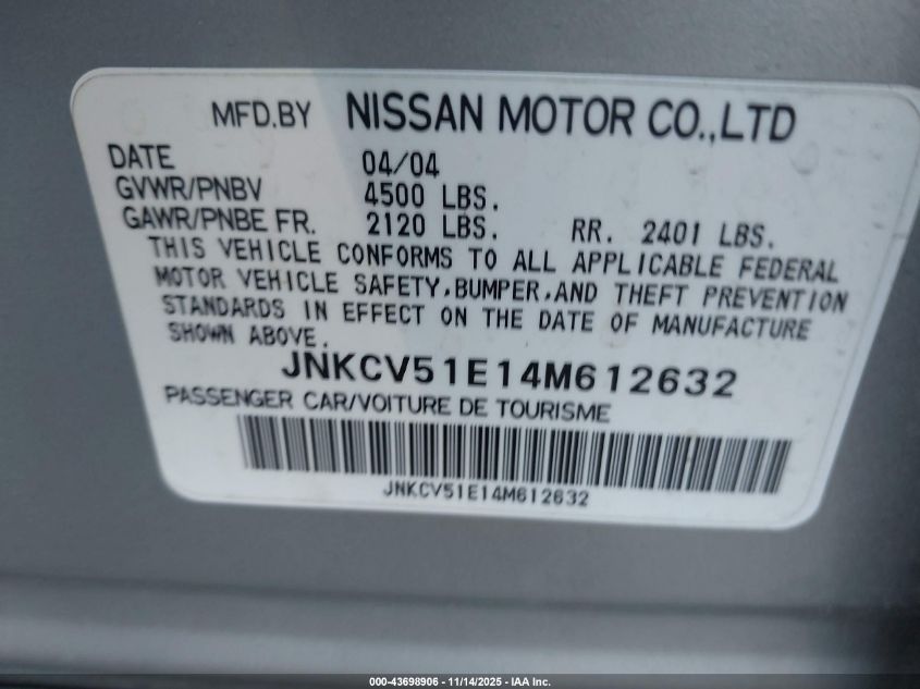 2004 Infiniti G35 VIN: JNKCV51E14M612632 Lot: 43698906