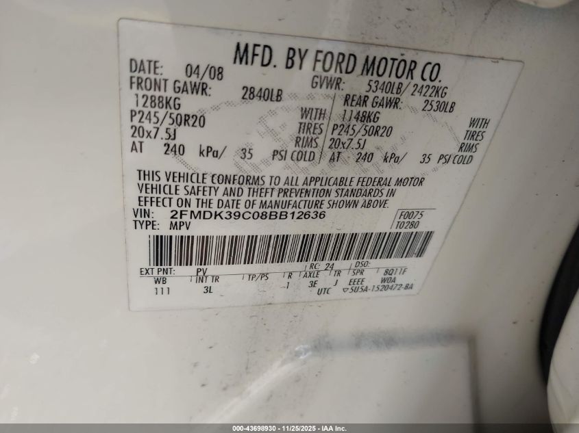 2008 Ford Edge Limited VIN: 2FMDK39C08BB12636 Lot: 43698930