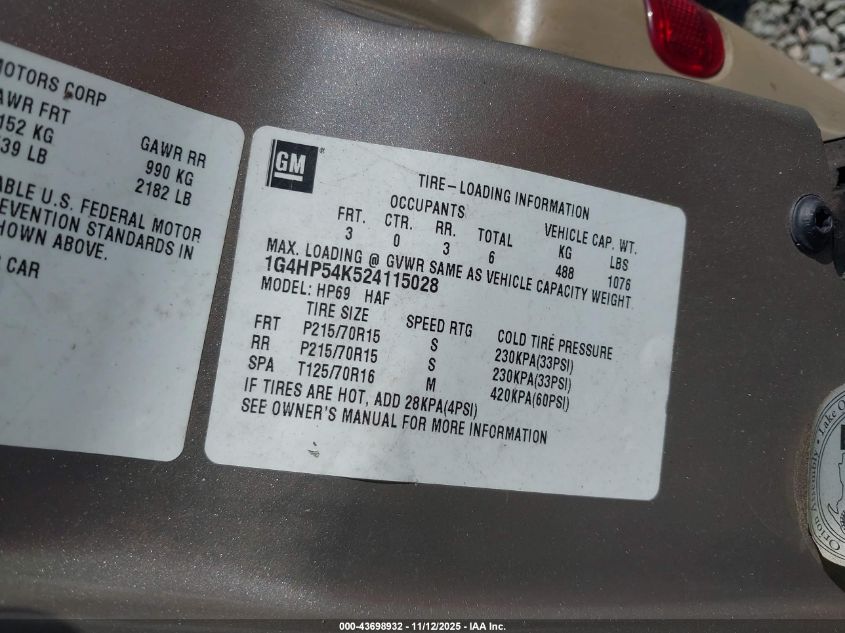 2002 Buick Lesabre Custom VIN: 1G4HP54K524115028 Lot: 43698932