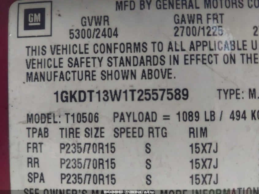 1996 GMC Jimmy VIN: 1GKDT13W1T2557589 Lot: 43698933