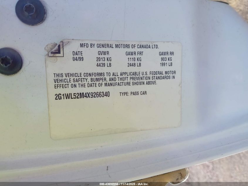1999 Chevrolet Lumina VIN: 2G1WL52M4X9266340 Lot: 43698956