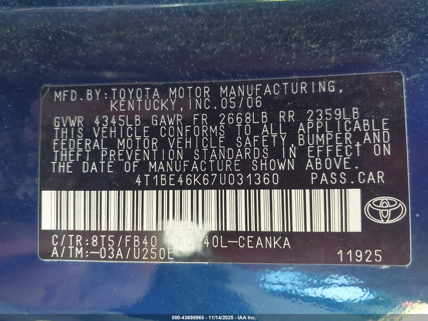 4T1BE46K67U031360 2007 TOYOTA CAMRY photo no. 9