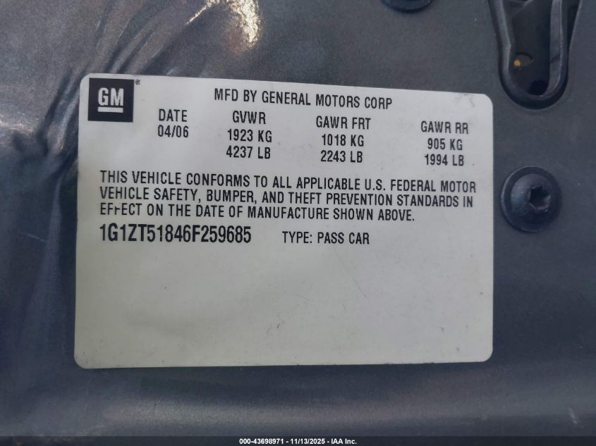 2006 Chevrolet Malibu Lt VIN: 1G1ZT51846F259685 Lot: 43698971