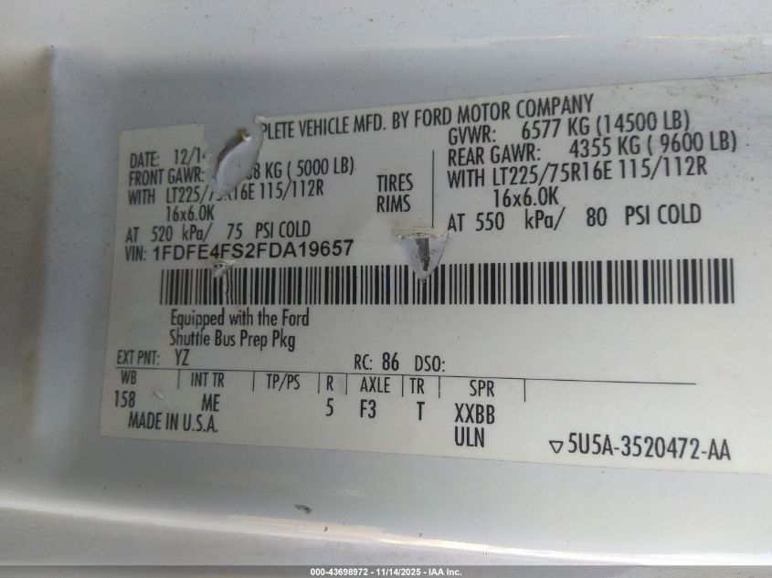 2015 Ford E-450 Cutaway VIN: 1FDFE4FS2FDA19657 Lot: 43698972