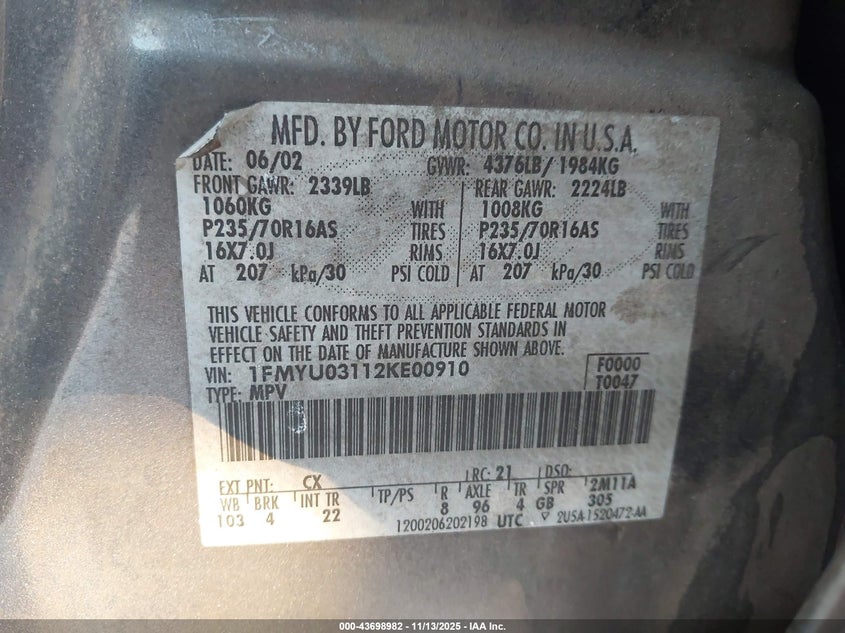 2002 Ford Escape Xlt VIN: 1FMYU03112KE00910 Lot: 43698982