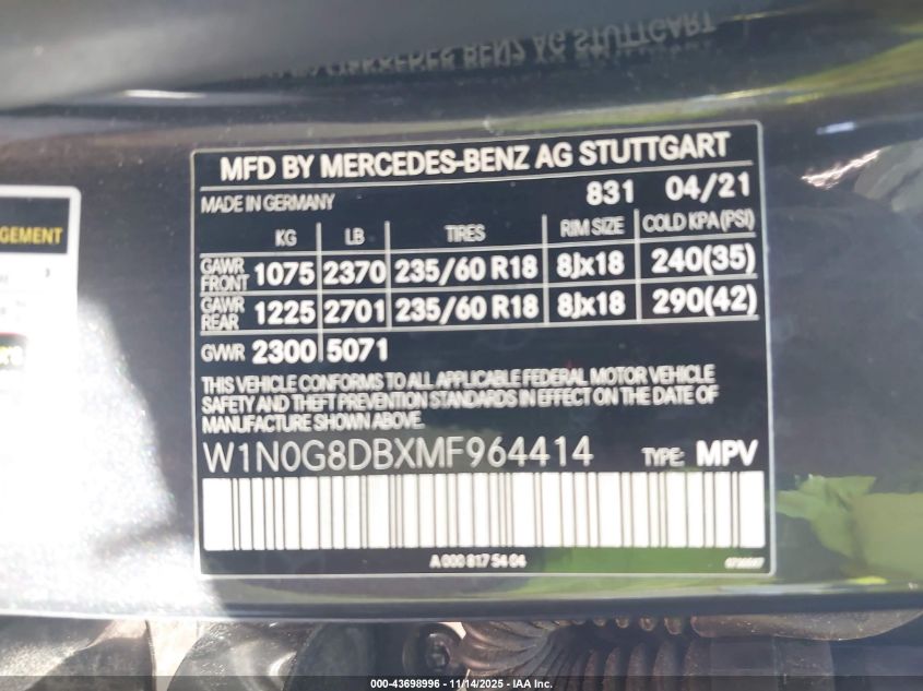 2021 Mercedes-Benz Glc 300 Suv VIN: W1N0G8DBXMF964414 Lot: 43698996