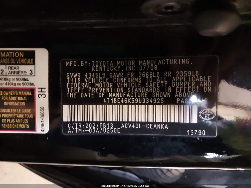 2009 Toyota Camry Le VIN: 4T1BE46K59U334925 Lot: 43699001