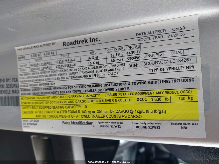2020 Ram Promaster 3500 Cargo Van High Roof 159 Wb Ext VIN: 3C6URVJG2LE134267 Lot: 43699006