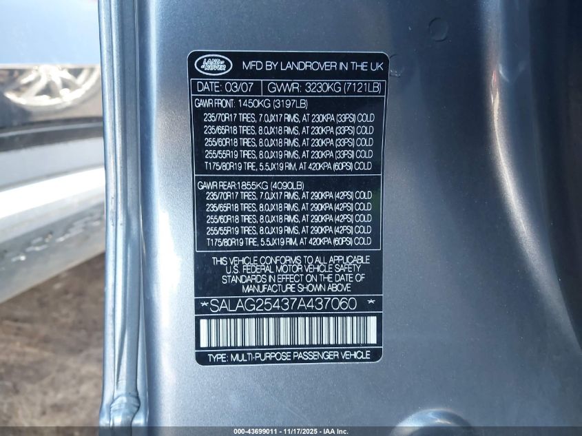 2007 Land Rover Lr3 V8 Hse VIN: SALAG25437A437060 Lot: 43699011
