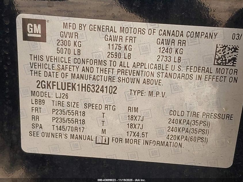 2017 GMC Terrain Slt VIN: 2GKFLUEK1H6324102 Lot: 43699023