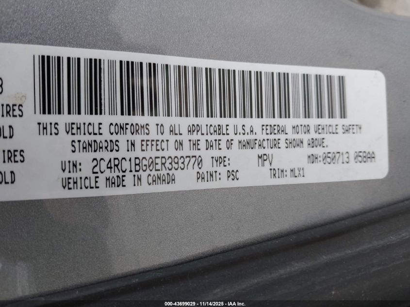 2014 Chrysler Town & Country Touring VIN: 2C4RC1BG0ER393770 Lot: 43699029