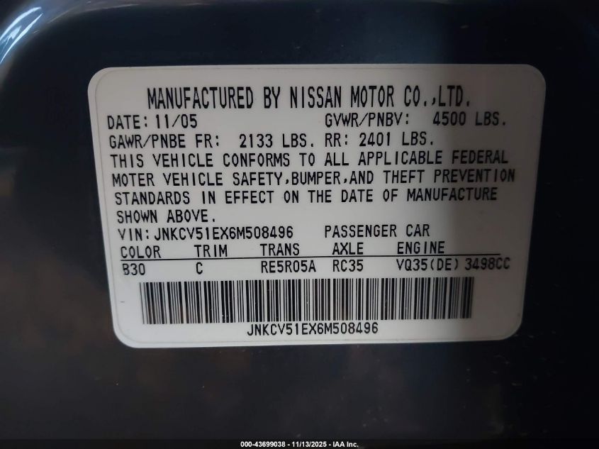 2006 Infiniti G35 VIN: JNKCV51EX6M508496 Lot: 43699038