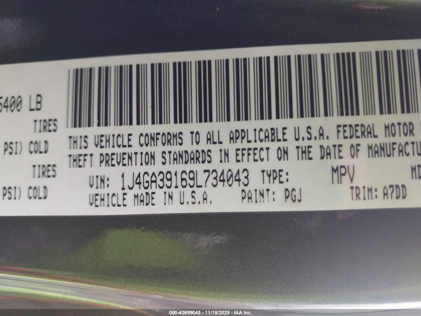 2009 Jeep Wrangler Unlimited X VIN: 1J4GA39169L734043 Lot: 43699045