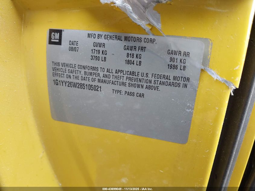 2008 Chevrolet Corvette VIN: 1G1YY26W285105021 Lot: 43699049
