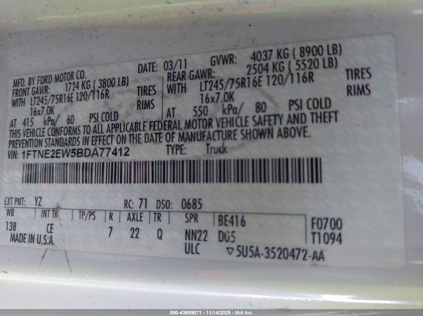 2011 Ford E-250 Commercial VIN: 1FTNE2EW5BDA77412 Lot: 43699071