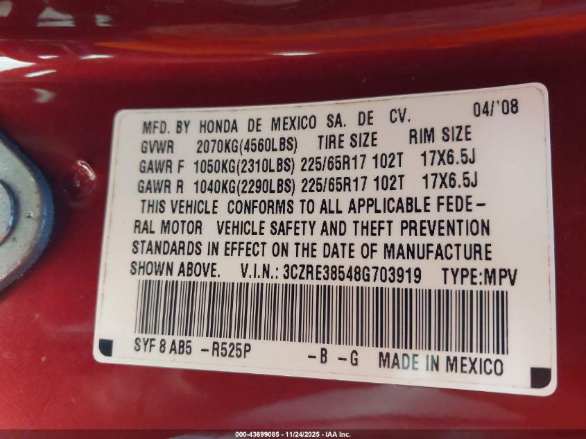 2008 Honda Cr-V Ex VIN: 3CZRE38548G703919 Lot: 43699085