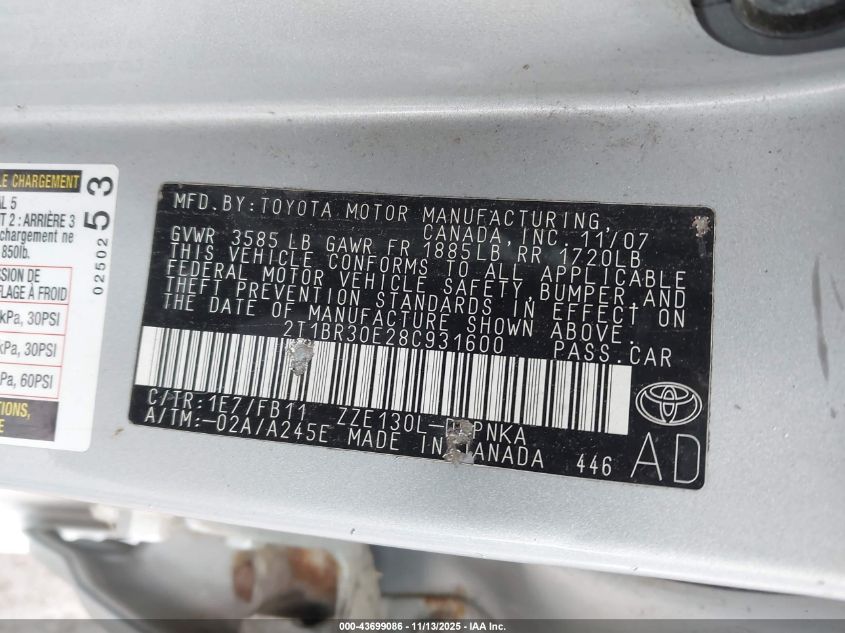 2008 Toyota Corolla Le VIN: 2T1BR30E28C931600 Lot: 43699086