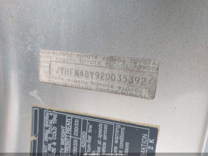 2002 Lexus Sc 430 VIN: JTHFN48Y920035392 Lot: 43699097