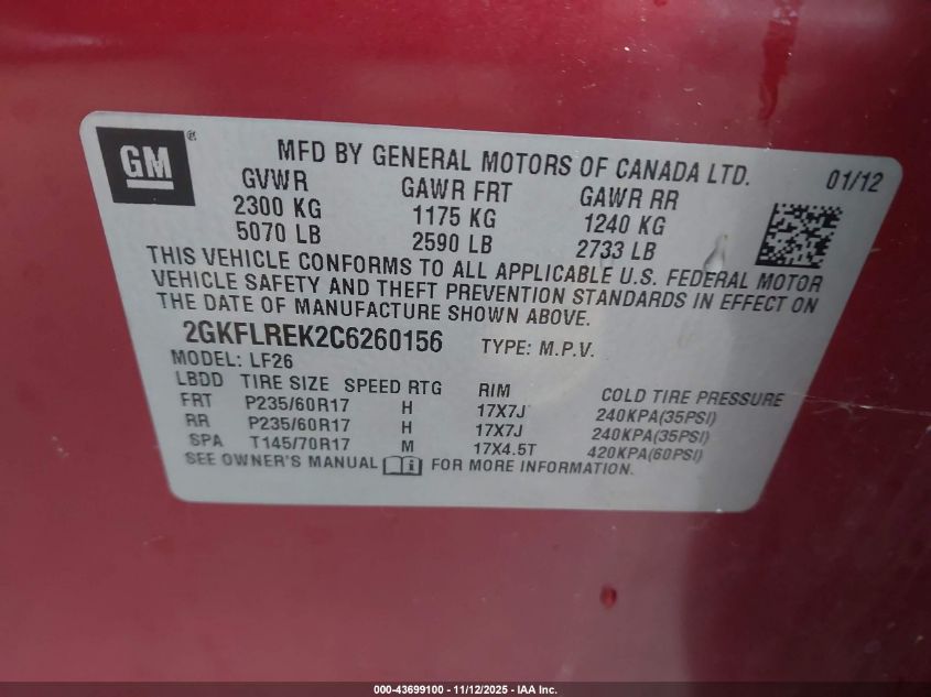 2012 GMC Terrain Sle-1 VIN: 2GKFLREK2C6260156 Lot: 43699100