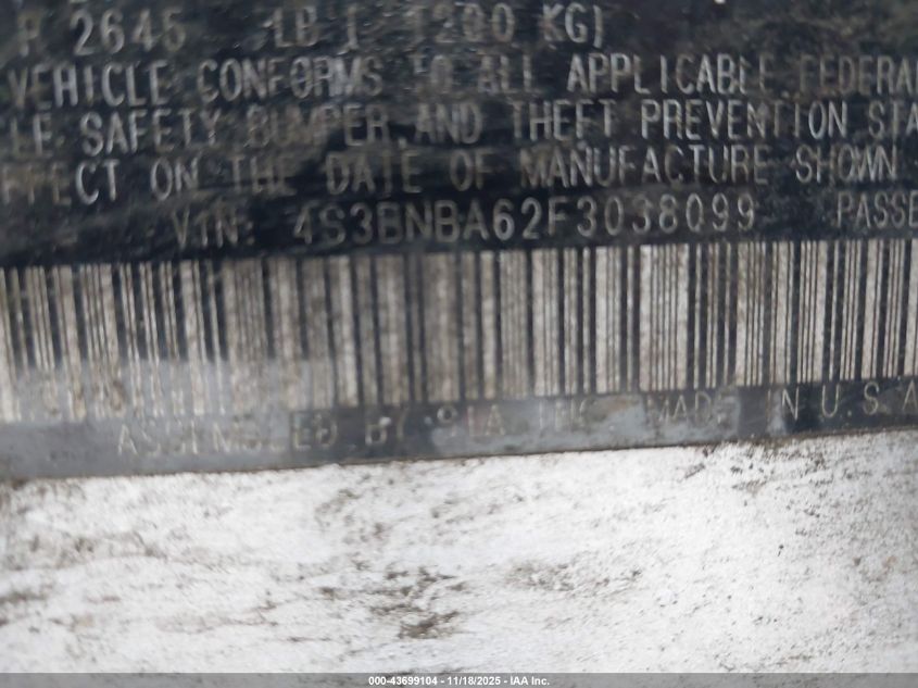2015 Subaru Legacy 2.5I VIN: 4S3BNBA62F3038099 Lot: 43699104